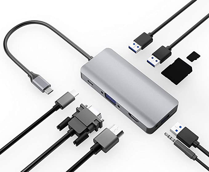 USB C to HDMI VGA Adapter,9 in 1 Type C HUB with 3-port USB 3.0,HDMI,1080P VGA,100W USB C PD Charging,USB 3.0 TF/SD Card Reader Multiport Adapter For MacBook Samsung Huawei Other Type C Devices