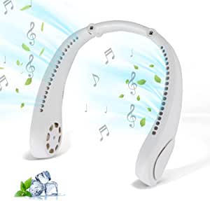 Music Neck Fan,Hands Free Personal Fan with Music Function,Rechargeable Headphone Design Neckband Fan, 3 Level Air Flow, 360 Degree Free Rotation Perfect for Indoor and Outdoor-White