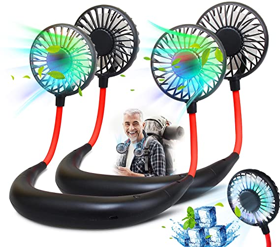 2Pack Portable Neck Fan, Wearable Personal Fan, Rechargeable Hanging Neck Fan for Men,Women, Handsfree Headphone Design for Camping,Travel,Office,Home,Outdoor, USB Powered, 3 Speeds (Black)