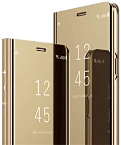 OOPKINS Samsung A52 5G case Luxury Bookstyle Clear View Window Electroplate Plating Stand Scratchproof Full Body Protective Flip Folio Ultra Slim Cover for Samsung Galaxy A52 PU Mirror:Golden MX