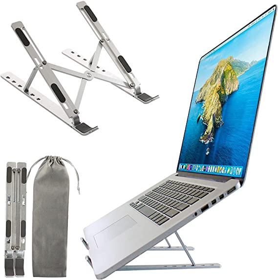 Portable Metal Laptop Stand Adjustable Laptop Riser Foldable Design with 6 Angles Height Adjustment Non Slip Aluminum Laptop Stand iPad Macbook Stand Compatible with All Tabs & Phones | HighEnd