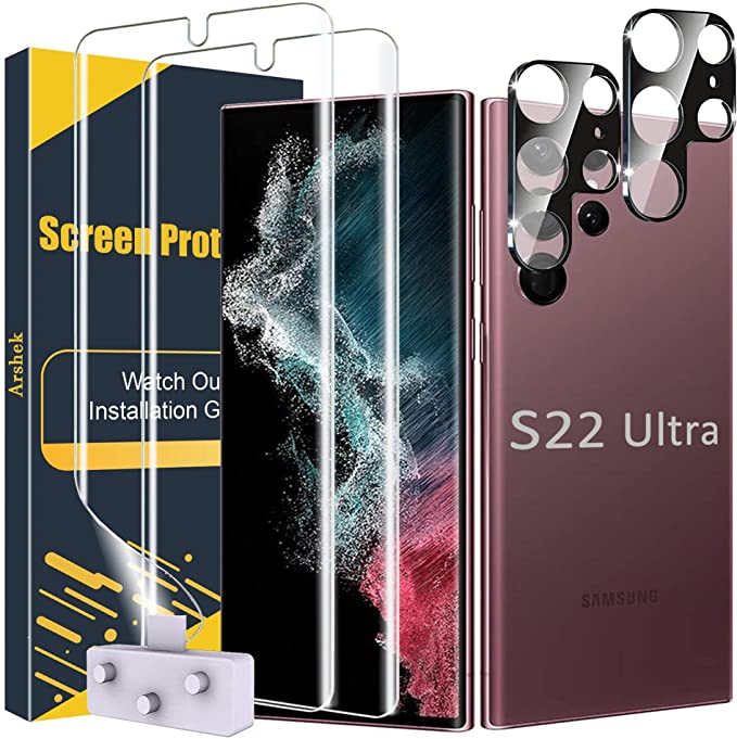 Screen Protector for Samsung Galaxy S22 Ultra 5G [Not Glass], 2 Pack HD Flexible TPU Film with 2 Pack Tempered Glass Camera Lens Protector, Support Fingerprint Unlock, Case Friendly