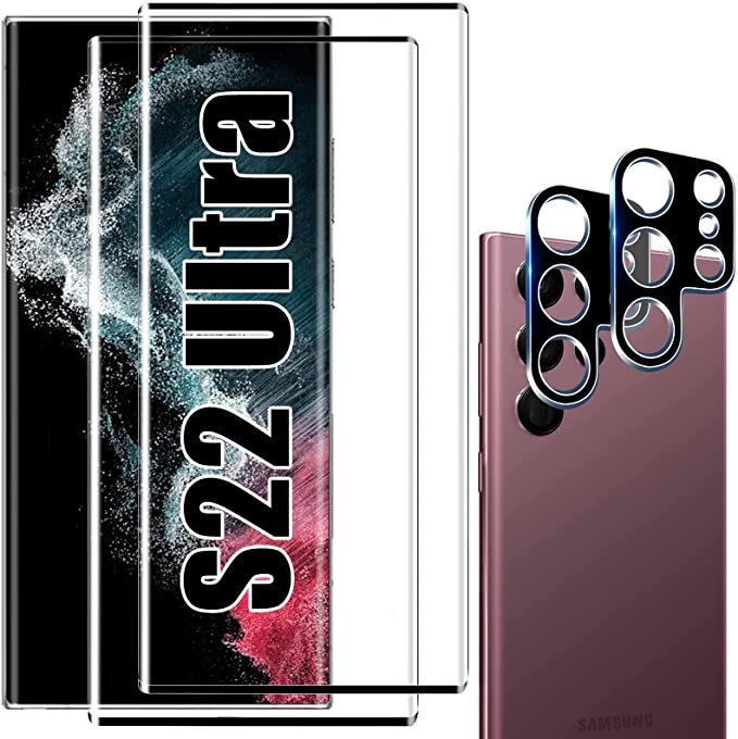[2+2 Pack] Galaxy S22 Ultra Screen Protector, 9H Tempered Glass, Ultrasonic Fingerprint Support, 3D Curved, HD Clear Scratch Resistant for Samsung Galaxy S22 Ultra 5G Glass Screen Protector