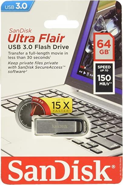 Sandisk Ultra Flair USB Flash Drive, 64 GB, Silver (SDCZ73-064G-A46)