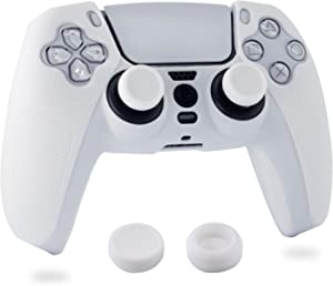 BRHE PS5 Controller Skin Anti-Slip Silicone Grip Cover Protector Rubber Case Accessories Set for Playstation 5 Gamepad Joystick with 2 Thumb Grip Caps (White)