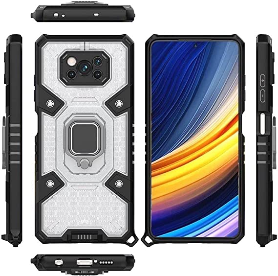 Case for Xioami Poco X3 Pro - Original New All-in-One Case from GrabMobily Dual Protection Shockproof Case - With Back Kickstand, Ring Hand Holder And Short Lanyard - Transparent & Black
