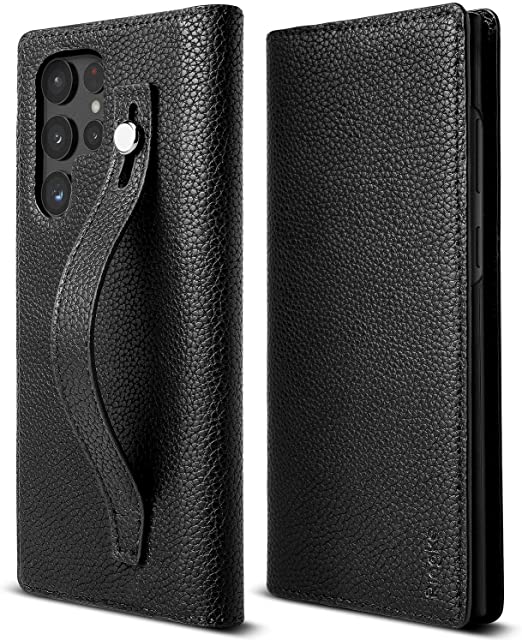 Ringke Folio Signature EZ Strap Compatible with Samsung Galaxy S22 Ultra 5G Case (2022), Handcrafted Artisan Leather with Phone Strap and Inner Pocket for S22 Ultra 6.8-Inch - Black