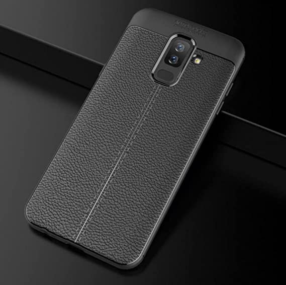 Samsung Galaxy A6 Plus 2018, Shockproof Original Leather Pattern Back Case Cover Carbon Fiber - Slip-Resistant - Premium quality Case From GrabMobily - Black