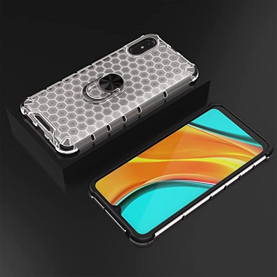 جراب لهاتف شاومى Redmi 9A - غطاء عالي الجودة من GrabMobily - غطاء مضاد للصدمات بحلقة شفافة من Iron Man مع غطاء خلفي خلية النحل مع حواف سوداء