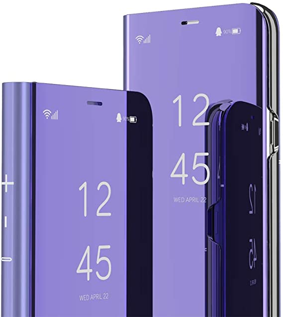 OOPKINS Compatible with iPhone 13 Pro Case Luxury Clear View Window Electroplate Plating Stand Scratchproof Full Body Protective Flip Folio Ultra Slim Cover for iPhone 13 Pro PU Mirror Purple MX