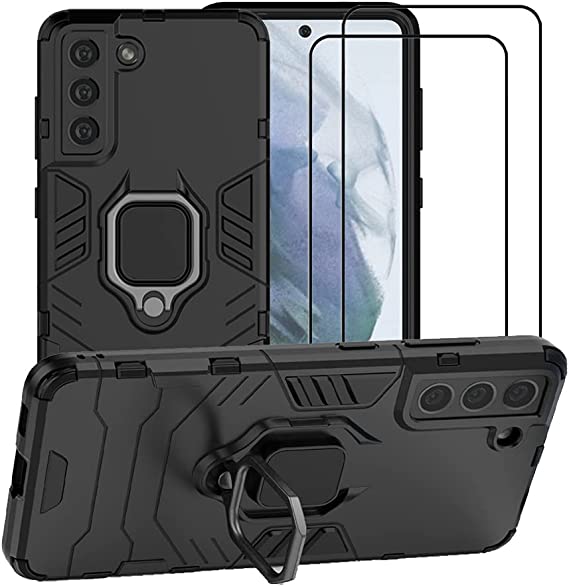 FaDream for Samsung Galaxy S21 FE Case, Rugged Shockproof Dual Layer Heavy Duty Protective Kickstand Cover with [2 Pack] Tempered Glass Screen Protector (Black)