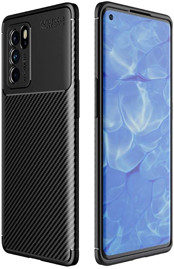 Oppo Reno 6 Pro (Dimensity 1200 5G), Flexible Rugged Armor Case with Brushed Carbon Fiber Pattern From CompuMisr - Black