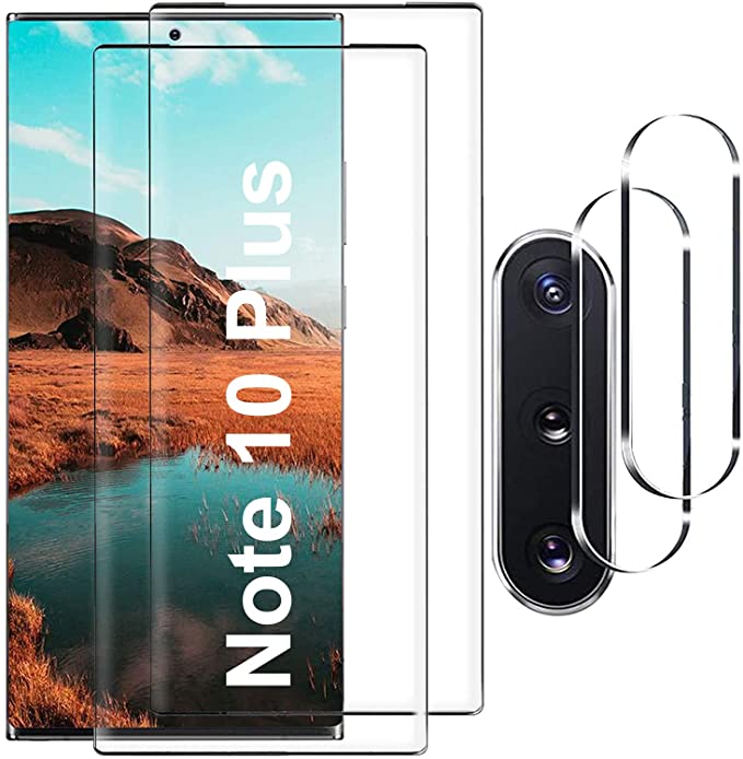 [2+2 Pack] Galaxy Note 10 Plus Screen Protector,9H Tempered Glass, Ultrasonic Fingerprint Compatible, HD Clear,Bubble-Free,3D Curved for Samsung Note10 Plus 5G Glass Screen Protector