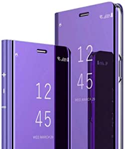 CCSamll for Samsung Galaxy A52 Makeup Mirror Phone Case, Luxury Mirror Design Clear View Smart Window Screen Display Case Support Wireless Charging Flip Phone Cover For Samsung Galaxy A52 5G QH Purple