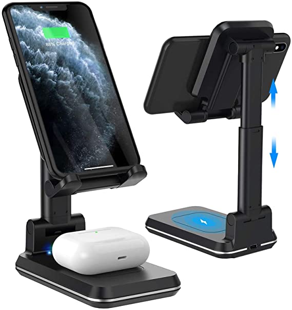 Wireless Charging Phone Stand,Foldable Desktop Cell Phone Tablet Stand,10W Max Qi-Enabled Wireless Charging Multi-Angle Adjustable Metal Phone Holder for iPhone 11/ES/MAX/XS/XR/X/8,AirPods/Pro