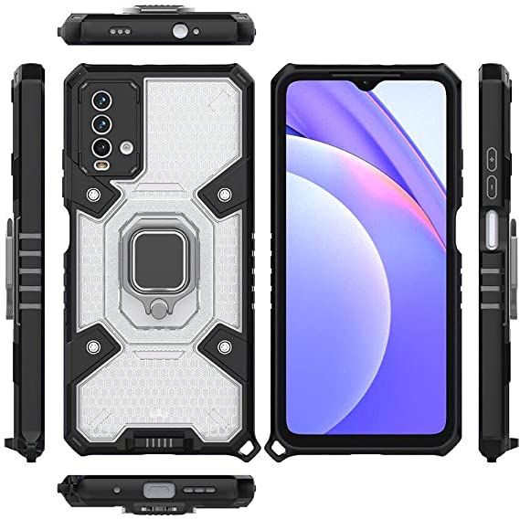 For Xiaomi Redmi 9T, Original New All-in-One Case from CompuMisr Dual Protection Shockproof Case, Short Strap - Transparent & Black
