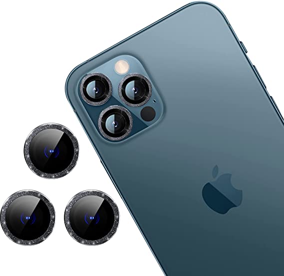 (2 Set=6PCS) Compatible with iPhone 12 Pro Max 6.7 inch Bling Camera Cover Circle Tempered Glass，Lens Protector Metal Glitter Diamond (Black)