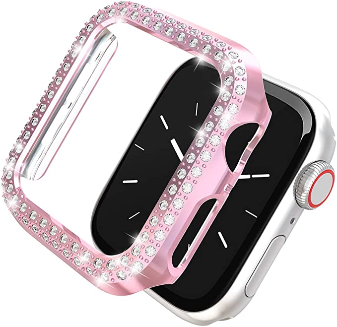Leotop Compatible with Apple Watch Case 40mm 44mm, PC Plated Hard Bumper Bling Crystal Diamonds Shiny Glitter Cover frame Compatible iWatch Series 6 5 4 SE for Women Girls (Rose Pink, 40mm)