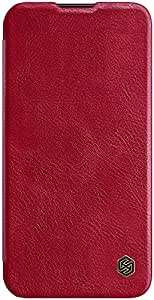 Nillkin Case for Apple iPhone 13 Pro Max (6.7" Inch) Qin Pro Camshield Camera Slider Genuine Classic Leather Flip Folio + Card Slot Red Color