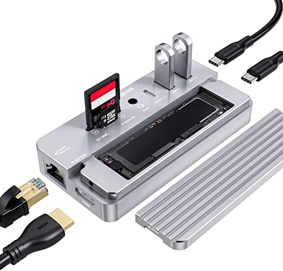 Acasis USB C hub, 10-in-1 hub with Hard Drive Enclosure Compatible with M.2 SSD, 4K HDMI, 100W PD Compatible for MacBook Pro(Air), iPad Pro, XPS, Spectre, Galaxy Note 10 or More(Silver)