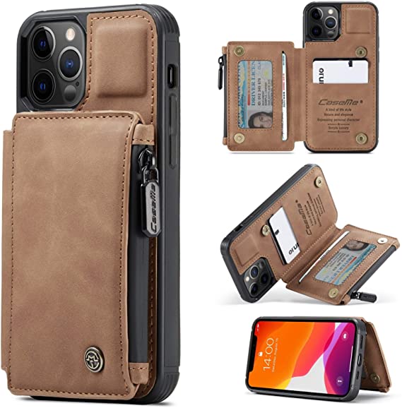 Kowauri Wallet Case for iPhone 12 Pro Max,Double Magnetic Clasp Zipper Purse PU Leather Wallet Case with Credit Card Slot Holder Back Flip Cover for iPhone 12 Pro Max 6.7 inch 2020 (Brown)