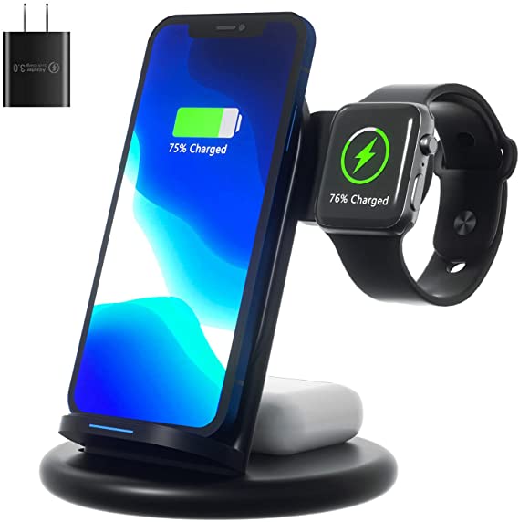 HeanYosn Wireless Charging Station for Multiple Devices, 3 in 1 Wireless Charger Compatible with Apple Products Apple Watch AirPods, 15W Fast Wireless Charging Stand Dock for iPhone 12/11/XS/XR/X/8