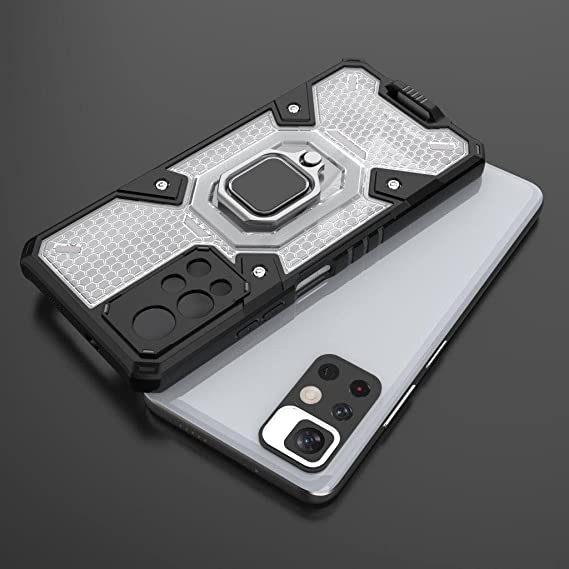 Xiaomi Redmi Note 11 5G China (Dimensity 810 5G) Original New Case from GrabMobily Dual Protection Shockproof Case - With Back Kickstand, Ring Hand Holder And Short Lanyard - Transparent & Black