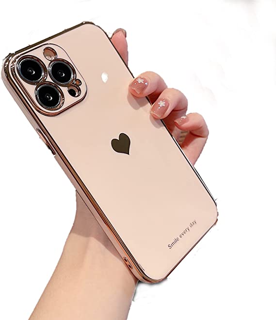 Compatible with iPhone 13 Pro Max Case for Lady,Luxury Electroplate Edge Bumper Case,6.7 inch Soft Silicon Protective Cover,Love Heart Case Pink