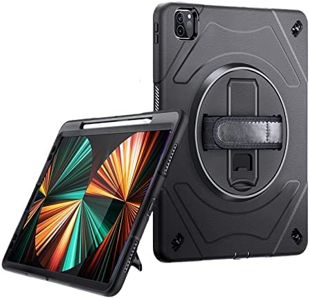 360 Degree Rotating Silicone PC Kickstand Case Cover with Handle for iPad Pro 12.9in 5th/4th/3rd Generation 2021/2020/2018 (Black)