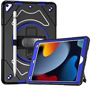 iPad 10.2 Case, [Full Body] Shockproof Protective Cover with [360 Degree Rotating Stand / Handle] Pencil Holder for iPad 10.2 (Black&blue)