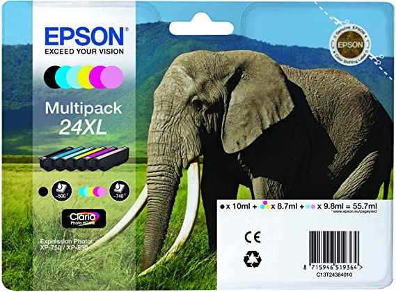 Epson 24XL Elephant High Yield Genuine Multipack, 6-colours Claria Photo HD Ink Cartridges, Amazon Dash Replenishment Ready