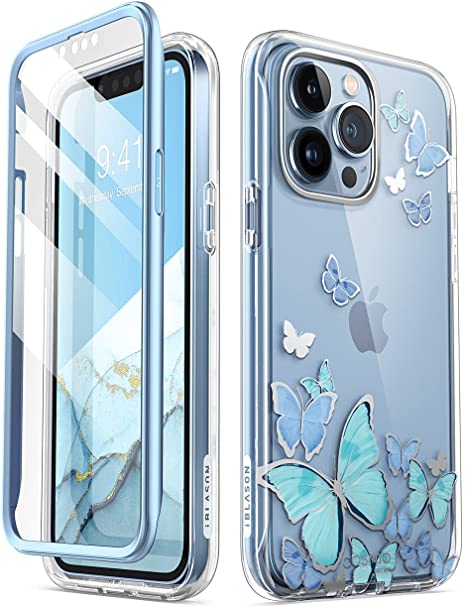 i-Blason Cosmo Series Case for iPhone 13 Pro Max 6.7 inch (2021 Release), Slim Full-Body Stylish Protective Case with Built-in Screen Protector (Blue Butterfly)