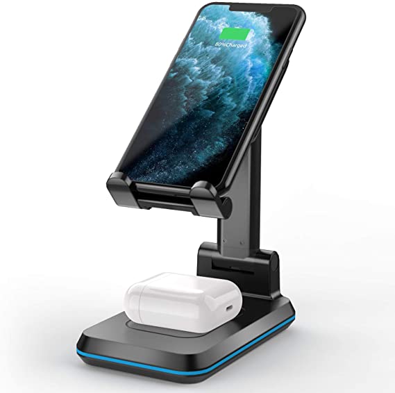 SHSTFD Wireless Charger, Phone Stand 2 in 1 Dual Wireless Charging, Adjustable Phone Holder 10 W Max QI Fast Charger for iPhone 12/11/Pro/ES/MAX/XS/XR/X/8, AirPods/Pro, Samsung Galaxy S20/S10/S9/S8/S7