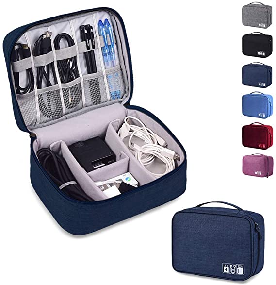 Rubik Electronics Organizer Waterproof Carrying Bag - Travel Gadgets Universal Accessories Storage Case for Charger, Cables, Earphone, Ipad Mini, SD Card, Power Bank - Navy Blue