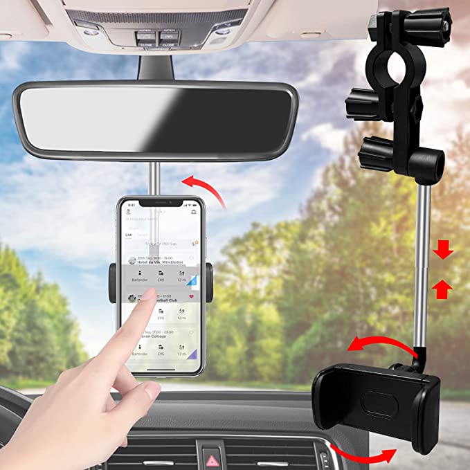 Rear View Mirror Phone Mount, 360 Car Rearview Mirror Phone GPS Holder, Flexible Concealable Car Cell Phone Headrest Stands Compatible with iPhone 11/12/Pro Max Universal Smartphone 4.7-6.7inch
