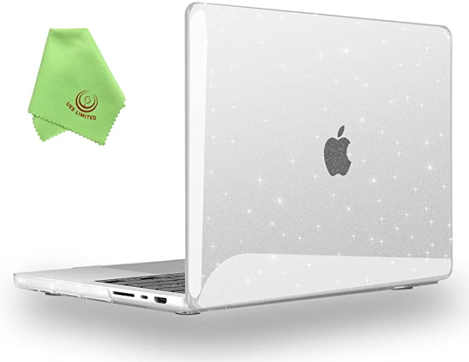 UESWILL Compatible with 2021 MacBook Pro 14 inch Case Cover Model A2442, Glossy Glitter Hard Shell Case for MacBook Pro 14 with M1 Pro & Touch ID + Microfiber Cloth, Glitter Clear