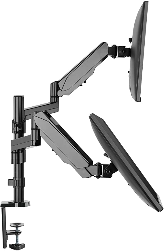 TechOrbits Dual Monitor Stand - Dual Computer Screen Arms - C Clamp on Desk Monitor Riser - Full Motion Swivel Articulating Gas Springs - Universal Fit for 17" - 32" 180° Rotation Vesa Mount