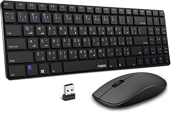 RAPOO 9300M Multi-Mode Bluetooth Wireless Keyboard And Mouse Combo, 1300 DPI Mute Wireless Optical Mouse, 4.9mm Ultra Thin Portable Keyboard For Computer, Laptop (English/Arabic Layout)