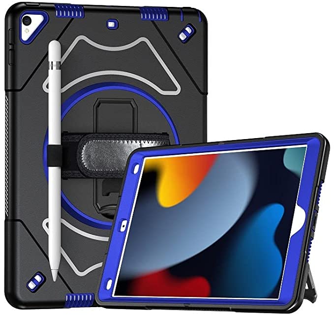 iPad 10.2 Case, [Full Body] Shockproof Protective Cover with [360 Degree Rotating Stand / Handle] Pencil Holder for iPad 10.2 (Black&blue)