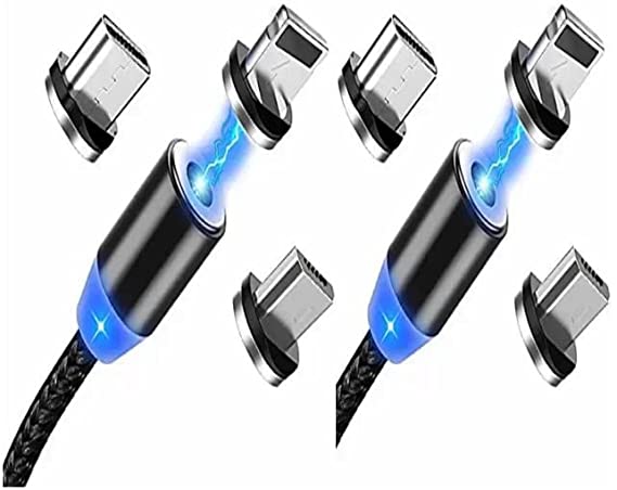 Magnetic USB Charging Cable Micro USB Type C Product (2back) with LED, Multi 3-in-1 Cable Charger for Android Phone,Multiple Charging Adapters.Fast Charge X-PLUS (1-Black, 2M/6.6ft)