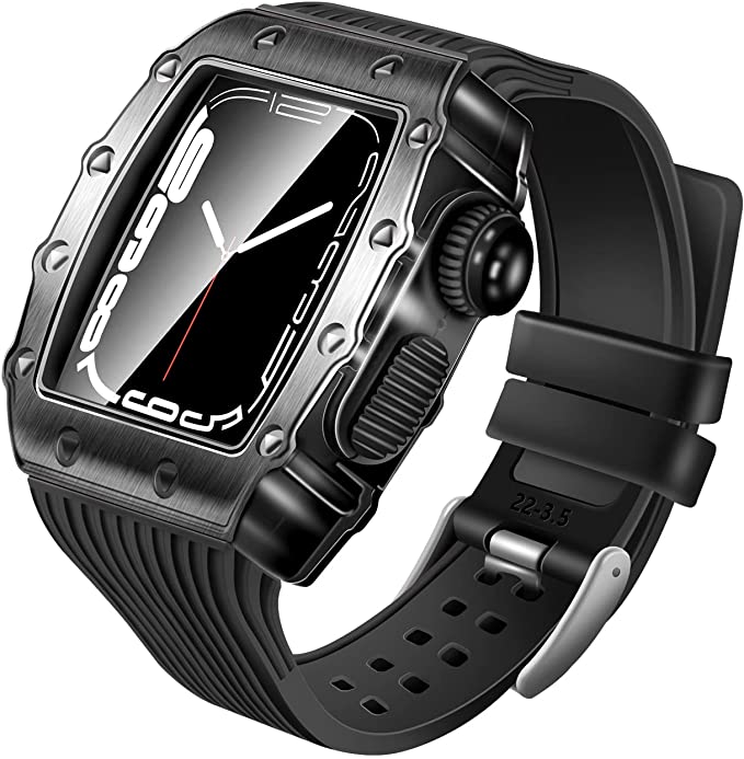 Metal Case for Apple Watch 7 45mm Band with Cover, Heavy Duty Rugged Case Glass Screen Protector Silicon Strap for iWatch Series 7 45mm Accessories Men's Full Protective Cover