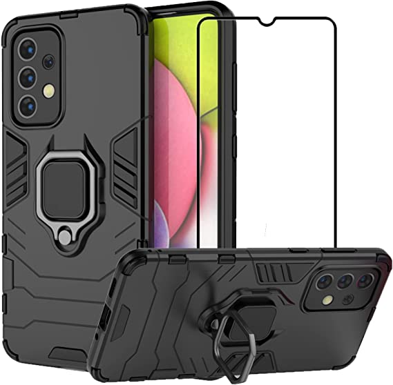 MeiYueEr Case for Samsung Galaxy A53 5G - Dual Layer Hybrid Heavy Duty Protection Shockproof Armor Back Case with 360 Rotating Ring Stand Cover + 1 Tempered Glass - Black