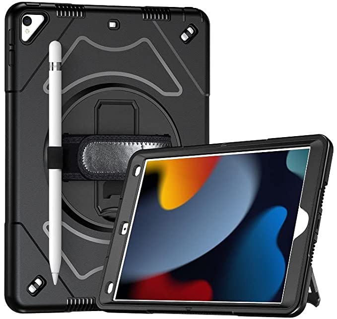 (Cover Compatible with iPad 10.2inch 2021 2020 2019 (9th/8th / 7th Generation) 360 Degree Swivel Kickstand PC + Silicone with Hand Strap Case Ultra Hybrid Shockproof Full-Body Protective - (Black