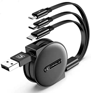 CAFELE 3 in 1 Multi USB Retractable Charging Cable, Multi Charger Cable 3A Fast Charging High Speed Data Transfer (iOS Only) Compatible iPhone/Micro/Type-C 120cm (Black)