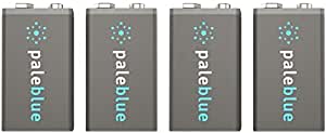 Rechargeable 9V Smart Batteries with USB Charger by Pale Blue, Lithium Ion 9 Volt 450 mAh, Charges Under 3 Hours, Over 1000 Cycles, 2-in-1 USB to Micro USB Charging Cable, LED Charge Indicator, 4-Pack