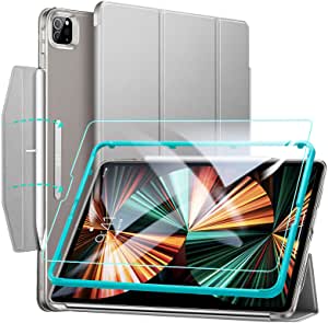 ESR Ascend Trifold Case Compatible with iPad Pro 12.9 Inch 2021 (5th Generation), with Tempered-Glass Screen Protector, Auto Sleep/Wake, Supports Pencil Wireless Charging, Gray