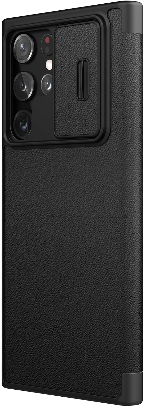 Nillkin Case for Samsung Galaxy S22 Ultra (6.8" Inch) Qin Pro Plain Leather Camshield Camera Slider Flip Folio + Card Slot Black Color