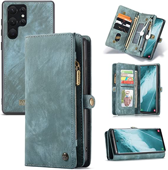 Kowauri for Samsung Galaxy S22 Ultra Wallet Case,Zipper Purse Leather Shockproof TPU Bumper Detachable Magnetic Flip Case with Card Slots Stand Wallet Case for Samsung Galaxy S22 Ultra 5G (Green)