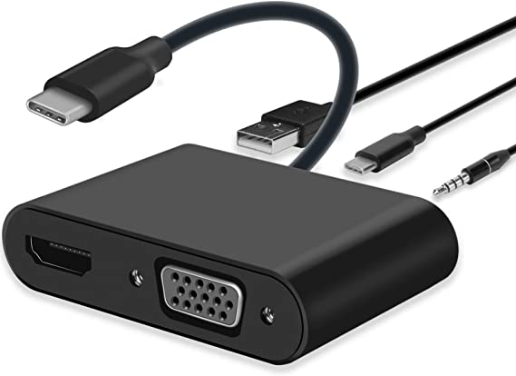 USB C to HDMI VGA Adapter, 5-in-1 Hub USB 3.0 OTG Charging Power PD Port Compatible MacBook Pro,Surface go, Samsung Galaxy S8/S9 and More