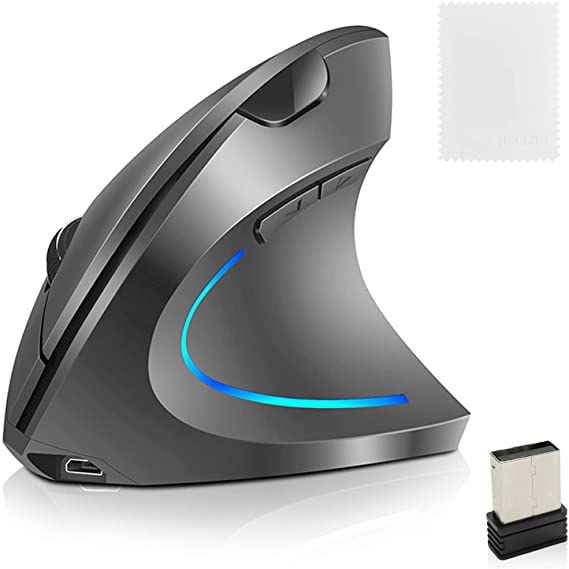 Ergonomic Vertical Mouse, RGB Wireless Rechargeable 2.4GHz Optical Vertical Mice with Adjustable DPI 800/1000/1600/2400 for Laptop, PC, Computer, MacBook (Silver)